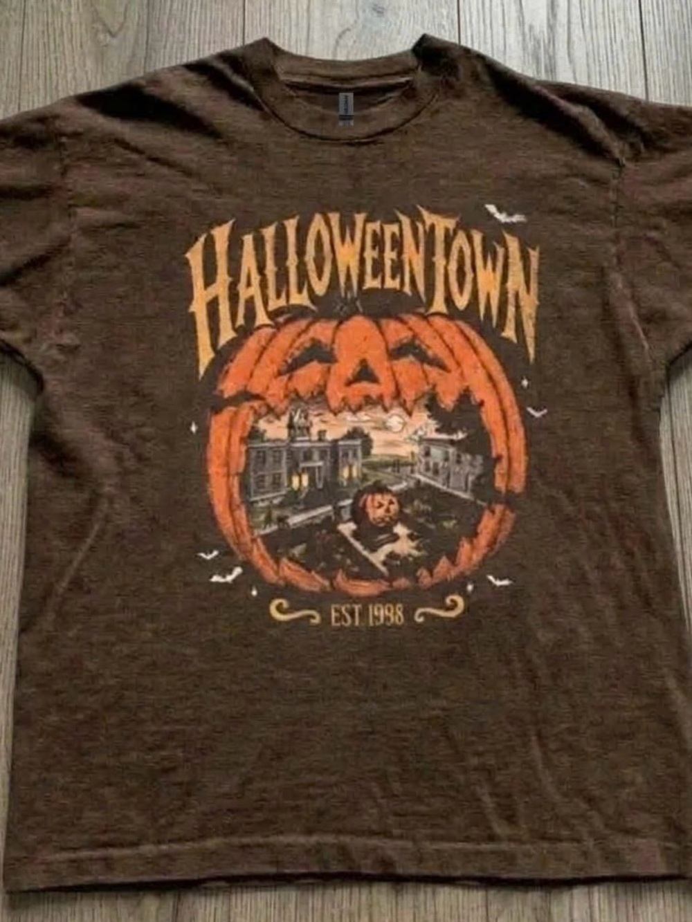 Gildan Brown Tee with Orange Halloween Town Pumpkin Graphic